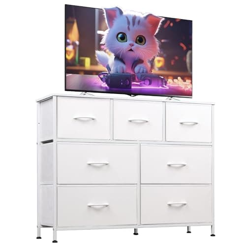 WLIVE 7 Drawer Dresser TV Stand, Dressers for Bedroom, Fabric Storage Tower, Hallway, Entryway, Closets, Sturdy Steel Frame, Wood Top, Easy Pull Handle, White