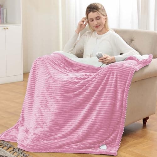 Heated Blanket Electric Throw - Soft Flannel Electric Blanket 50“ x 60", Heating Blanket with 10 Time Settings, 6 Heat Settings, Machine Washable with Over-Heat Protection (Pink)