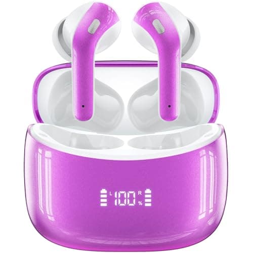 Wireless Earbuds Bluetooth 5.4 Headphones 60H Playtime Bass Stereo Ear Buds with Noise Cancelling Mic LED Display Earbud & in Ear Earphones IP7 Waterproof for Laptop Pad Phones Workout Purple M