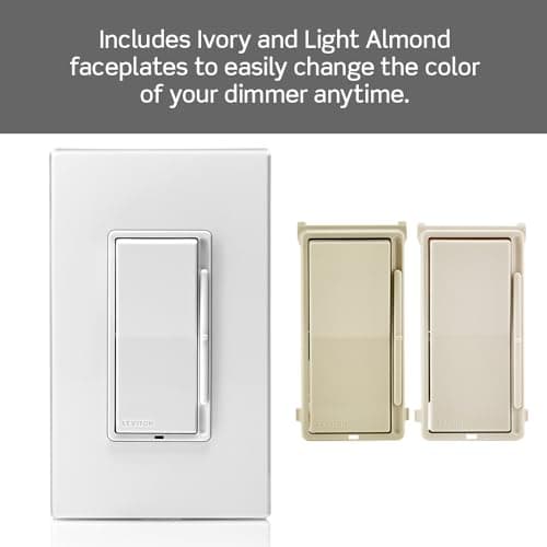 Leviton Decora Slide Dimmer Switch for Dimmable LED, Halogen and Incandescent Bulbs, DSL06-1LZ, White with Ivory and Light Almond Faceplates 12