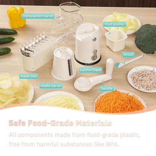 ENERGEVITY Manual Rotary Cheese Grater with Handle, 5 in 1 Replaceable Stainless Blades Cheese Shredder,Strong Suction Base Vegetable Slicer with Cleaning Brush & Bonus Storage Box for Blades (white) 6