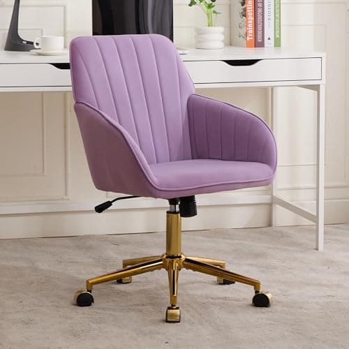 Klwenas Maec Velvet Desk Chair for Home Office, Modern Adjustable Computer Task Chair Swivel Chair Cute Vanity Chairs with Arm Rest for Bedroom Living Room Make-up Room (Lilac)