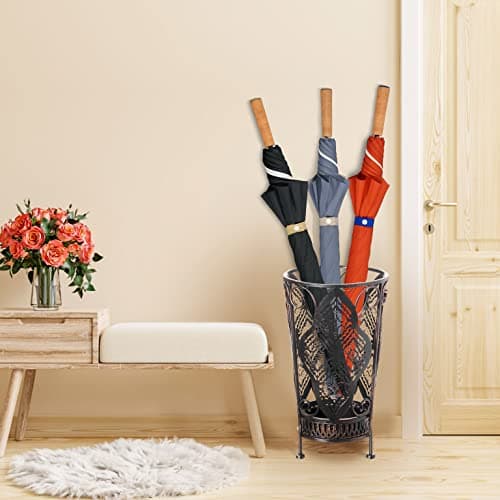 Dualplex Umbrella Holder Umbrella Stand Rack Super Quality Metal Entry Hallway Décor w/Removable Drip Tray for Home Office Holds Umbrellas Canes Walking Sticks Best Gift 16" Tall (Round, Antique) 5