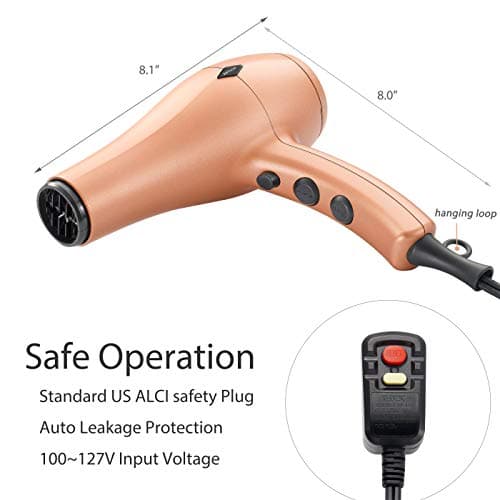 NITION Negative Ions Ceramic Hair Dryer with Diffuser(Large Size 5.3 inch) Attachment Ionic Blow Dryer Quick Drying,1875 Watt 2 Speed / 3 Heat Settings,Cool Shot Button,Lightweight,Gold 7