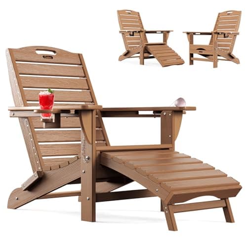 Ciokea Folding Adirondack Chair with Retractable Ottoman Fire Pit Patio Chair with Pull Out Foot Rest Weather Resistant Lawn Outdoor Lounge Chair with 2 Cup Holder (Teak)
