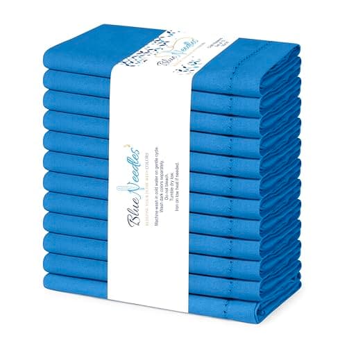 Blue Needles Set of 12 Hemstitch Linen Napkins 100% Cotton Royal Blue Cloth Dinner Napkins 18x18 inches, Soft, Reusable, Absorbent, Washable, Ideal for Spring Summer Easter Parties & Everyday Use