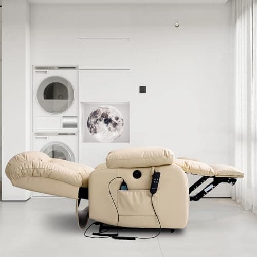 COCOLHOME Infinite Position Power Lift Chair Lay Flat Recliner Dual Motor Sleeper Chair with Massage and Heating for Elderly, USB Ports and Remote Control, Leather(Beige)