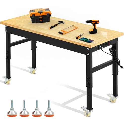 60" Adjustable Workbench, 2000 LBS Load Capacity Heavy Duty Workstation with Power Outlets, Rubber Wood Top Worktable for Garage, Office,Workshop, Commercial