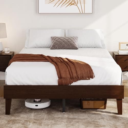 Yaheetech Full Bed Frame Natural Solid Wood Platform Bed with Wooden Slats Support, 12-inch Underbed Space for Storage, Noise-Free Design, Easy Assembly, Dark Walnut Finish