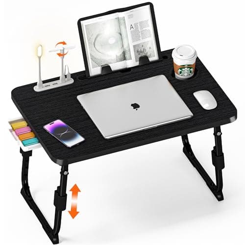 DECOSIS Laptop Desk for Bed Height Adjustable, Lap Bed Table with USB/Storage Drawer/Cup Holder/Tablet Stand/Book Shelf, Foldable Breakfast Tray Portable for Reading Writing, Sofa & Floor, Black