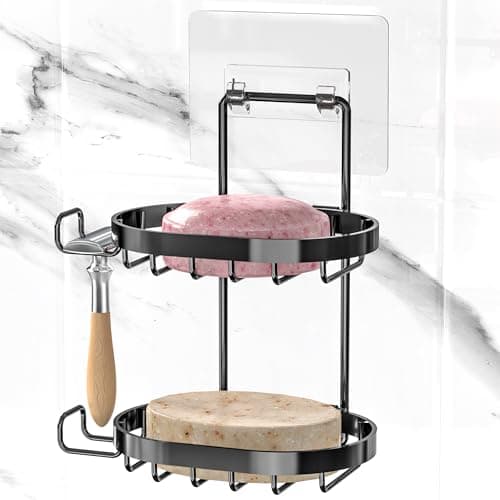MASADI 2 Tier Soap Dish Holder, Soap Bar Holder with Hooks, Shampoo Bar Caddy for Shower Wall, Razor Holder for Shower, Bar Soap Container 304 Stainless Steel, Bathroom (Black)