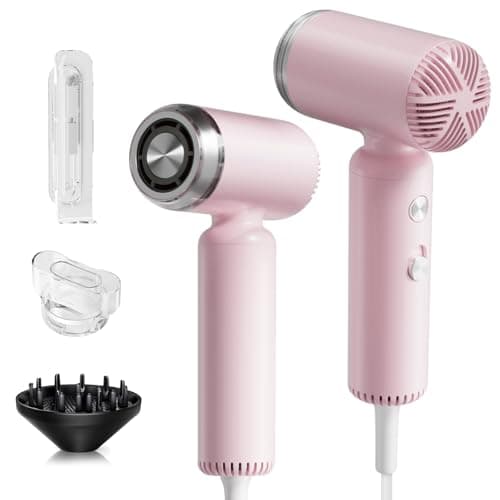 Webeauty Mini Hair Dryer with Diffuser, 110,000RPM High-Speed Motor, 200M Negative Ions Protect, 3-Temp & 2-Speed Settings, Lightweight Travel-Friendly Blow Dryer with Magnetic Attachments (Pink)