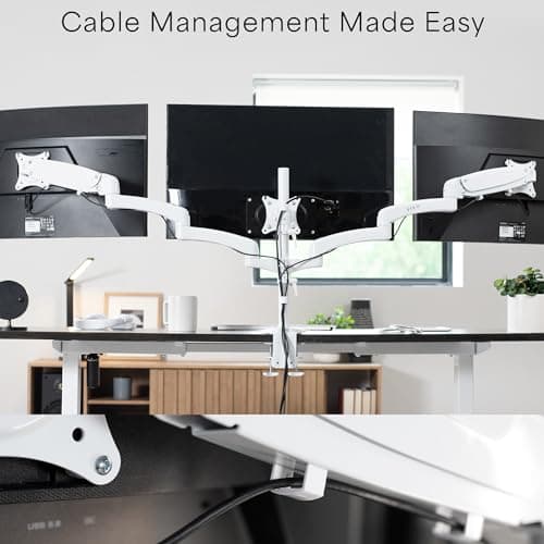 VIVO 17 to 32 inch Triple Pneumatic Monitor Mount, 2 Pneumatic Arms, 1 Fixed, Adjustable Swivel, Rotation, Heavy Duty VESA Desk Stand with C-clamp, Max VESA 100x100, White, STAND-V300GW 9