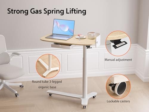 KINGSMITH Rolling Desk Adjustable Height with Drawer and Wheels, Portable Small Standing Desk Pneumatic for Home Office, Mobile Computer Laptop Desk Cart, Medical Sofa Overbed Table, Oak 7