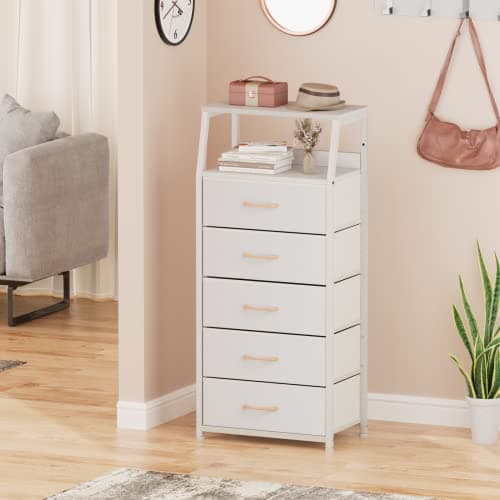 Furnulem White Dresser with 5 Drawers, Vertical Storage Tower Fabric Dresser for Bedroom, Hallway, Entryway, Nursery, Closet Organizer, Nightstand Bedside Table Furniture, Sturdy Steel Frame, Wood Top 8