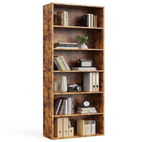 Sweetcrispy Industrial 6 Shelf Bookcase - Large 63 Inch Tall Floor Standing Open Bookshelf with Anti-Tipping Device for Home Office, Living Room, and Bedroom Storage, Rustic Brown
