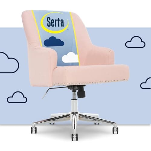 Serta Leighton Home Office Desk Chair, Mid-Back with Chrome Nailheads, Memory Foam Cushion and Padded Arms, Mid Century Modern Vanity Armchair with Wheels, Swivel Base, Twill Fabric, Blush Pink