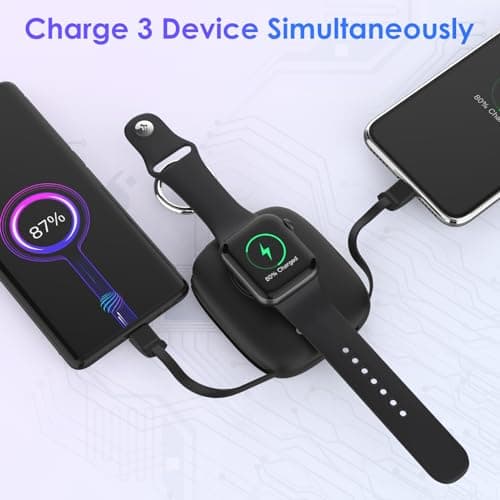Small Portable Charger 5000mAh,iWatch Wireless Charger Mini Power Bank with Built-in Cable,Travel Keychain Charger for Apple Watch 11/10/9/8/Ultra/7/6/Se/5/4,iPhone 17/16/15/14/13/12,Android Phone 4