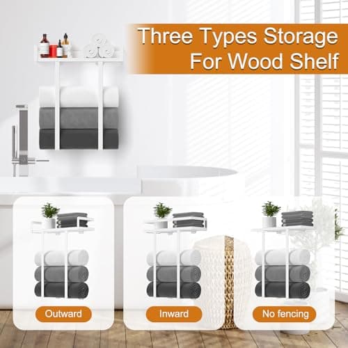 Towel Racks for Bathroom Wall Mounted, Xstydes Metal Towel Holder with Wooden Shelf for Folding Large Towels, Towel Storage for Small Bathroom Organizer Decor or RV Camping,White 7