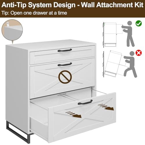 Lateral File Cabinet with 3 Drawers, Modern Farmhouse File Cabinet for Legal/Letter/A4 Size Hanging Files, Printer Stand Large Wood Home Office Furniture, White 5