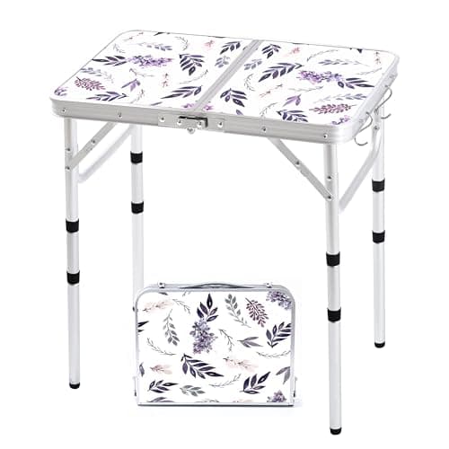 Yriuat Folding Camping Table 2ft Portable Pinic Table Adjustable Height Small Card Table Aluminum Foldable Lightweight with Carry Handle for Outdoor Indoor Hiking Camp BBQ Beach (Misty Lilac)