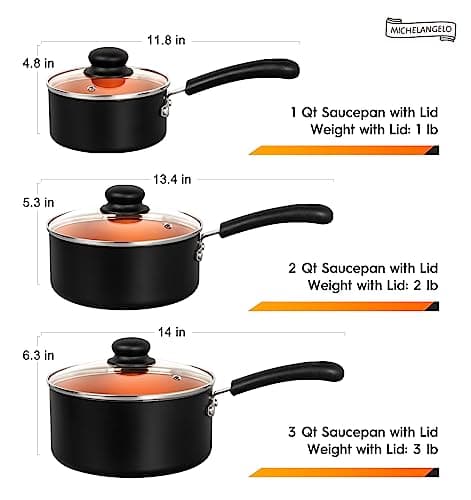 MICHELANGELO Nonstick Sauce Pan with Lid 1QT, 2QT & 3QT, Ceramic Saucepan Set, Copper Sauce pans, Non-Toxic Saucepan, Multipurpose Cooking Pots Set For Home Kitchen, Compatible induction 6