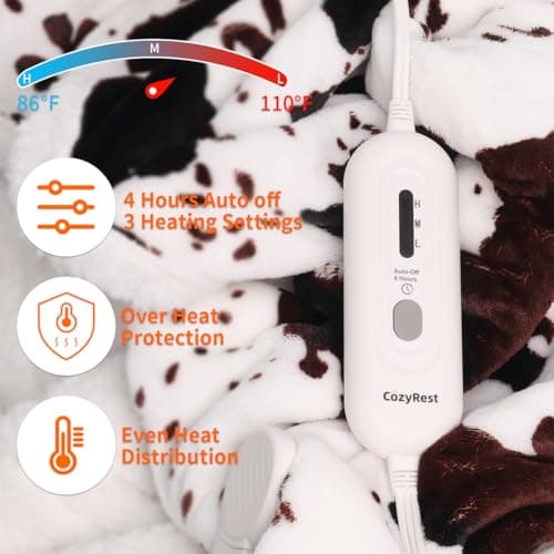 Cow Print Electric Blanket Heated Throw Blanket with 3 Heat Settings & 4-Hour Auto Shutoff, Fast Heating, Soft Flannel & Sherpa Fleece, Machine Washable, 50 x 60 Inches (Beige Cow Stripes, Throw) 5
