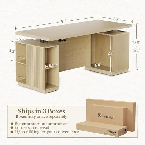 Perledesign 70" Standing Desk with Storage, Executive Electric Height Adjustable Stand Up Desk with AC/USB and Privacy Panel, Large One-Piece Destop, Fluted Computer Desk for Home Office, Light Walnut 2