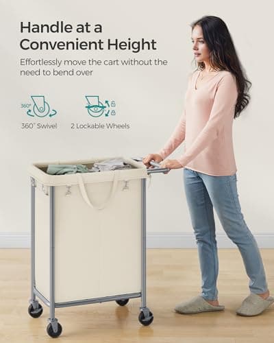 SONGMICS Laundry Basket with Wheels, 2-Section Rolling Laundry Hamper, 37 Gallons (140 L), Removable Liner, Steel Frame with Handle, 27.2 x 15.4 x 31.9 Inches, Cream White URLS004W01 7