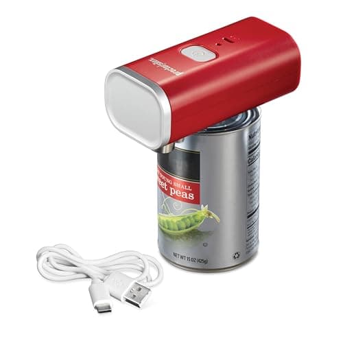 Proctor Silex Automatic Electric Can Opener, Hands Free Cordless Operation & USB Rechargeable, Self-Aligning, Cut Smooth Touch Lid Edges, Compact and Easy to Store, Red