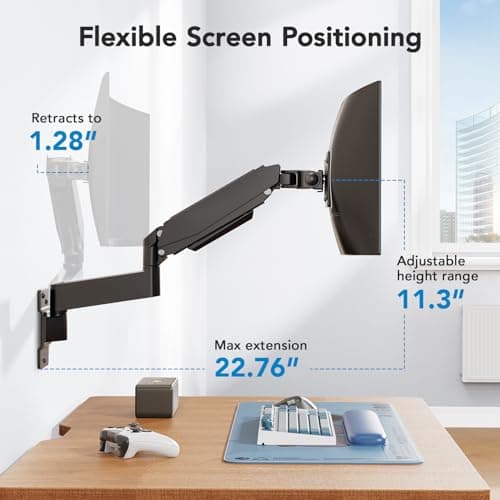 HUANUO 49 inch Ultrawide Monitor Wall Mount, Heavy Duty Screen Arm with Premium Aluminum, Supports up to 44 lbs, Wall Mount Monitor Arm for Height Adjustment, Tilt, Swivel, Rotate 5