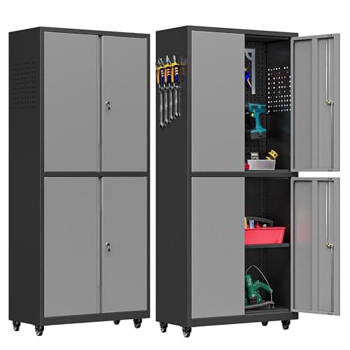 Bestoo Metal Storage Cabinet with Wheels, Steel Garage Cabinet with Lock Door and Adjustable Shelves, Tall Tool Storage for Home, Garage, Pantry (Black+Gray)
