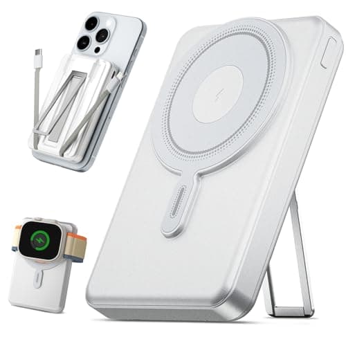 eazpower for Magsafe Battery Pack 10000mAh, Magnetic Wireless Portable Charger for Apple Watch, 5 in 1 Fast Charging Power Bank with Stand and Cables for iPhone 16 Pro Max/15/14/13/12 Mini(White)