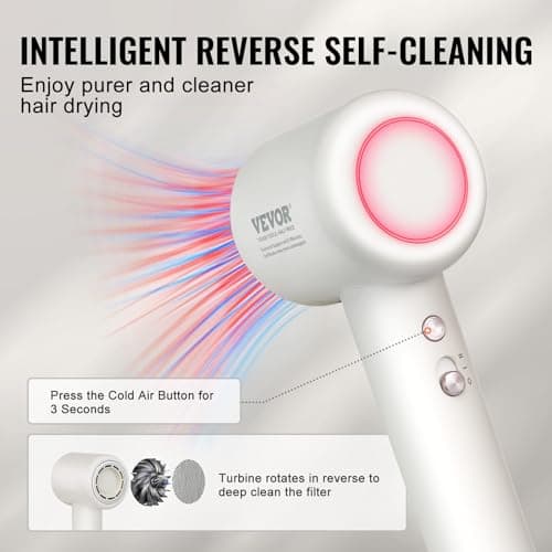 VEVOR High-Speed Hair Dryer with 102,000RPM Brushless Motor, 200 Million Negative Ions Hair Blow Dryer, 3-Color Temp LED Lights & 2 Speeds, Lightweight Hairdryer with Diffuser & Nozzle for Home Travel 5