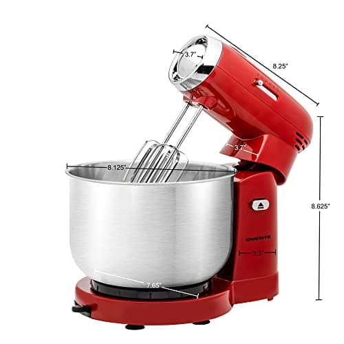 OVENTE Electric Stand Mixer with 3.5 Quarts Stainless Steel Mixing Bowl, 5 Speed Portable and Lightweight 250W Kitchen Mixer for Everyday Use, Includes 2 Egg Beater Whisk and Dough Hook, Red SM680R 9