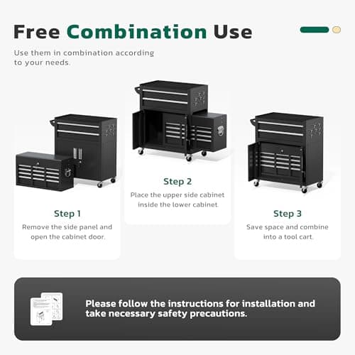 Greenvelly Metal Tool Chest,8-Drawer Rolling Tool Cart with Wheels,2 in 1 Detachable Tool Cabinets,Tool Box,Liners and Locking System for Garage,Warehouse,Workshop, Barbershop(Black) 8