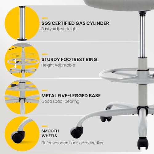 Sweetcrispy Tall Drafting Desk Chair - Ergonomic High Stool Computer with Adjustable Height and Comfy Lumbar Support, Office Rolling Counter with Flip-up Arm and Footrest, Grey 6