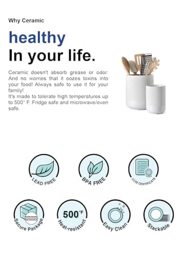 LE TAUCI Utensil Holder for Kitchen Counter, 7.3"+5.4" Fluted Ceramic Utensil Crock Organizer for Countertop, Heavy Large Holder for Spatulas, Spoons, Set of 2, White, Kitchen Counter Decor 7