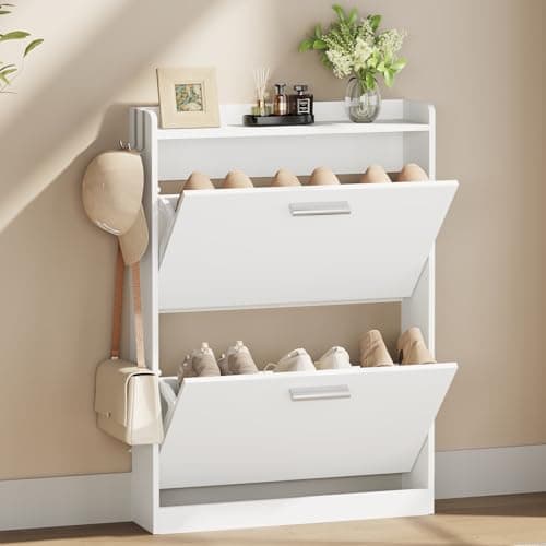Draelibor Shoe Cabinet Organizer with 2 Flip Drawers，Freestanding Shoe Rack Cabinet，Narrow Shoe Cabinet Storage for entryway，Foyer, Hallway, White, 23.6" W × 6.3" D × 33.1" H