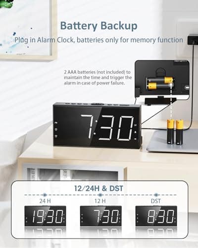 Loud Alarm Clock with Bed Shaker for Heavy Sleeper, Dual Vibrating Alarm Clock with USB Charger for Hard of Hearing/Deaf, 7.5’’ Large LED Display with Dimmer, Snooze, 12/24H & Battery Backup 6