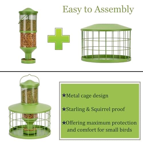 Caged Bird Feeders Squirrel-Proof, Metal, 2.8Lbs Capacity-Cage Tube Seed Feeders with Tray, Hanging Wild Bird Feeders, Attract Birds,Detachable Cleaning, Starling Proof Wild Bird Feeder（Green） 7