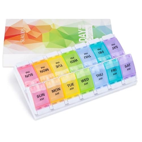 Sukuos AM PM Weekly Pill Organizer 2 Times A Day, Large Daily Pill Box Case 7 Day with Easy Push Button Design, Detachable Medicine Holder for Vitamin/Fish Oil/Supplements (Rainbow) 8