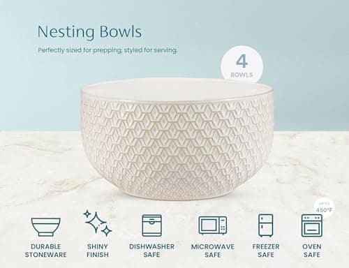 KooK Ceramic Mixing Bowls, Nesting Set of 4, Embossed Kitchen Dishware, Prep, Serving, Gift, Microwave and Dishwasher Safe, 20/44/98/145 oz, Narbonne Collection (Ivory) 6