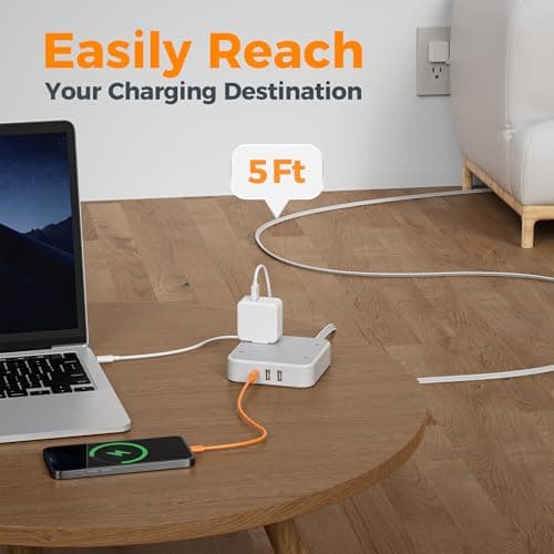 TESSAN Surge Protector Flat Extension Cord 5Ft, Flat Plug Power Strip with 4 Outlets 3 USB Ports (1 USB C), 900 Joules Protection, Multiple Wall Outlet Extender Suitable for Home Office Dorm, Grey 5