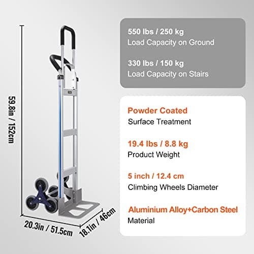 VEVOR Stair Climbing Cart, 550 lbs Load Capacity, Aluminum Hand Truck Dolly with Dual Handles, Integrated Frame & Nonslip Rubber Wheels, Multipurpose Stair Climber for Warehouse Shopping Airport 7