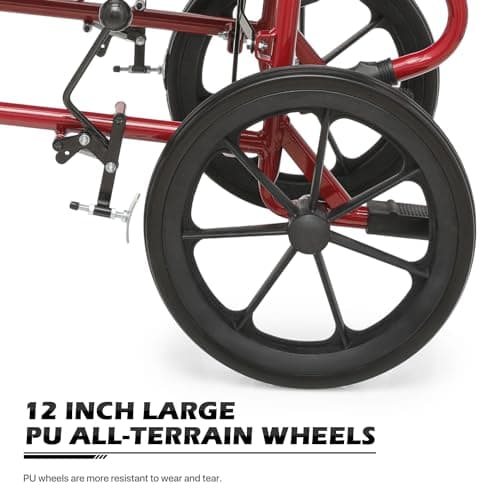 monicare Folding Transport Wheelchair for Adults, Heavy-Duty Wheel Chair with Padded Armrest and Swing-Away Footrest, 18 Inch Wide Seat Transport Chair for Seniors, 300Lbs Capacity, Red 11