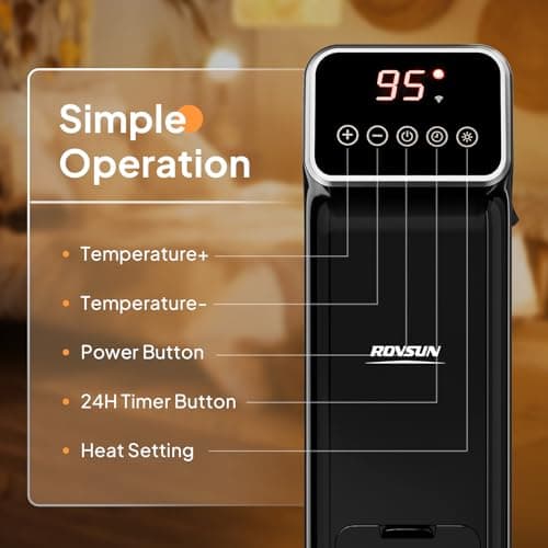 ROVSUN Oil Filled Radiator Heater w/Remote & APP Control, 1500W Portable Space Heater with Adjustable Thermostat, 24H Timer, Tip-Over & Overheat Protection for Indoor Use, Bedroom, Black, 2 Packs 5