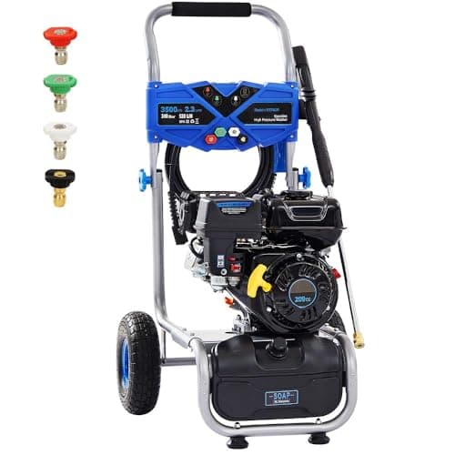 3500 PSI Gas Pressure Washer, 209CC Engine, 2.3 GPM, 4 Adjustable Nozzles, 25ft Hose for Cleaning Cars, Patios, Walls, and Gardens (Blue)