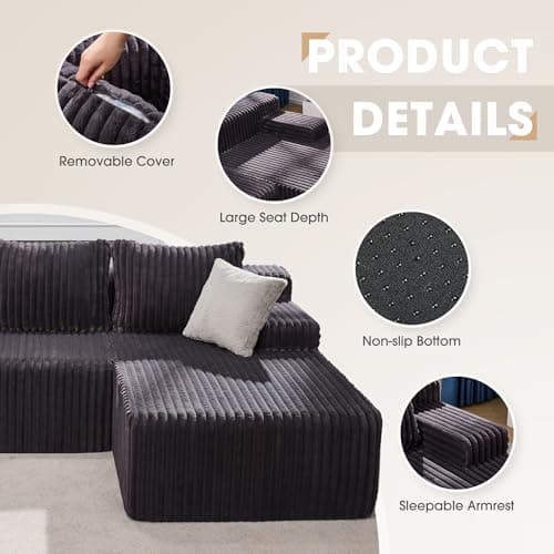 Modular Sectional Sofa Couches L-Shape Couch 3 Seat Modular Sofa Memory Foam Sectional Couches for Living Room, Cloud Couch with Oversized Chaise (Dark Grey Facing Chaise) 9