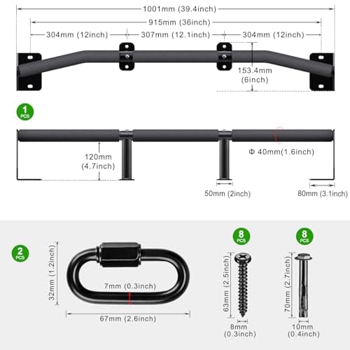 SELEWARE Heavy Duty Wall Mount Doorway Pull Up Bar, Joist/Beam Mount Chin Up Bar w/Non-Slip Foam Grips & Resistance Band Hooks, Steel Construction, Fits 36" Wall Studs for Home Gym Strength Training 8